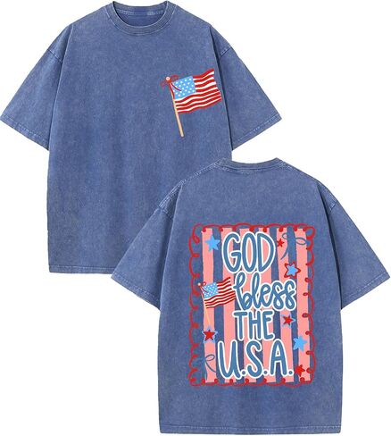 تي شيرت God Bless The USA جرافيك عتيق بغسل حمضي كبير الحجم، 4 يوليو، قميص قصير الأكمام بعلم أمريكي وطني in Kuwait