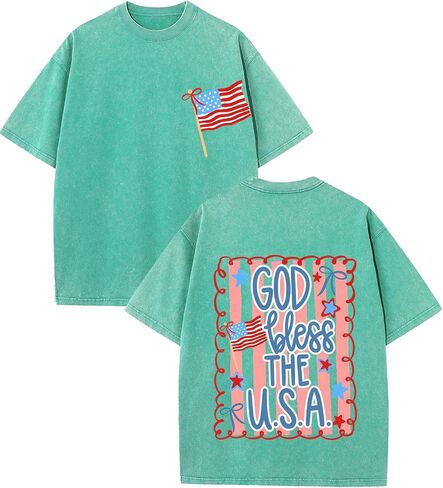 تي شيرت God Bless The USA جرافيك عتيق بغسل حمضي كبير الحجم، 4 يوليو، قميص قصير الأكمام بعلم أمريكي وطني in Kuwait