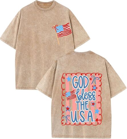 تي شيرت God Bless The USA جرافيك عتيق بغسل حمضي كبير الحجم، 4 يوليو، قميص قصير الأكمام بعلم أمريكي وطني in Kuwait