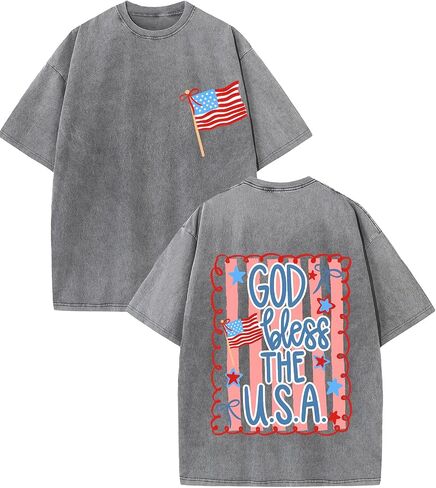 تي شيرت God Bless The USA جرافيك عتيق بغسل حمضي كبير الحجم، 4 يوليو، قميص قصير الأكمام بعلم أمريكي وطني in Kuwait