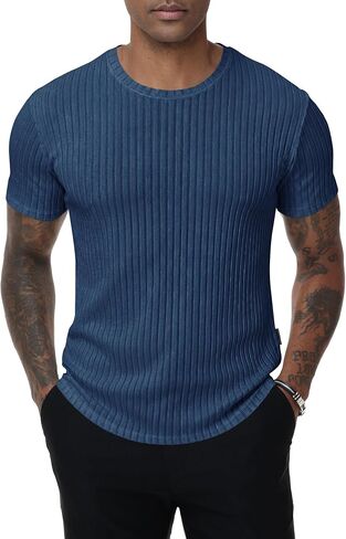 ZKMAN Men's Ribbed Knit Texture T-Shirt Casual Short Sleeve Crew Neck Stretch Slim Fit Solid Summer T Shirts Tops in Kuwait