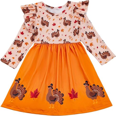 Toddler Girls Thanksgiving Dress - Kids Turkey Maple Leaves Casual Ruffle Long Sleeve Clothes Fall Winter Outfits in Saudi Arabia