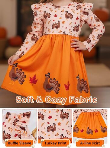 Toddler Girls Thanksgiving Dress - Kids Turkey Maple Leaves Casual Ruffle Long Sleeve Clothes Fall Winter Outfits in Saudi Arabia