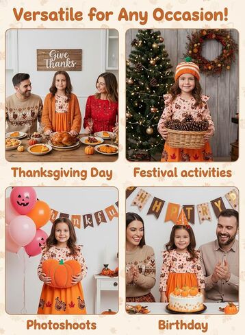 Toddler Girls Thanksgiving Dress - Kids Turkey Maple Leaves Casual Ruffle Long Sleeve Clothes Fall Winter Outfits in Saudi Arabia