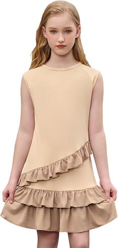 Mirawise Girls Sleeveless Floral Dress Summer Asymmetrical Ruffle Hem Casual Swing Sundress for Kids 4-13 Years in Saudi Arabia