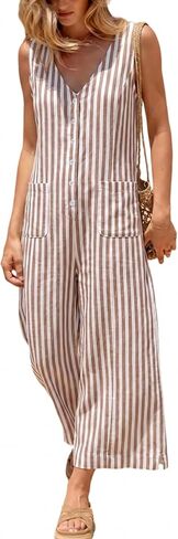 UANEO Women Jumpsuit Striped Button Down Casual Sleeveless Romper Wide Leg Summer Overall 2026 Outfits One Piece with Pockets(Brown-XL) in Kuwait