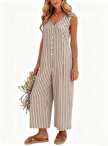 UANEO Women Jumpsuit Striped Button Down Casual Sleeveless Romper Wide Leg Summer Overall 2026 Outfits One Piece with Pockets(Brown-XL) in Kuwait