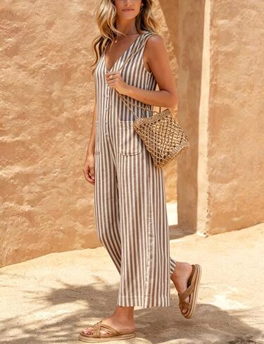 UANEO Women Jumpsuit Striped Button Down Casual Sleeveless Romper Wide Leg Summer Overall 2026 Outfits One Piece with Pockets(Brown-XL) in Kuwait