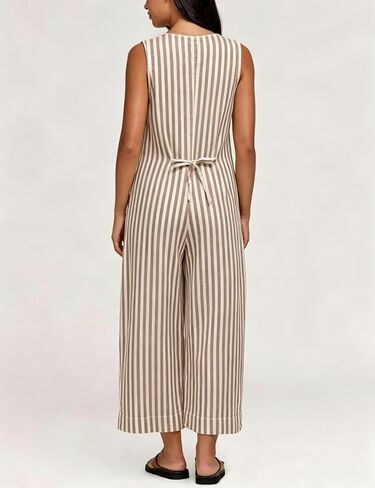 UANEO Women Jumpsuit Striped Button Down Casual Sleeveless Romper Wide Leg Summer Overall 2026 Outfits One Piece with Pockets(Brown-XL) in Kuwait