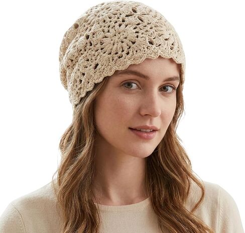 1PCS Crochet Hats for Women, Summer Beanie with Handmade Lace Design, Lightweight Stackable Skull Cap for Travel and Daily Wear, Beige Knitted Slouchy Cap in Saudi Arabia