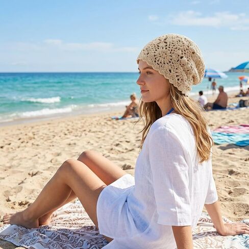 1PCS Crochet Hats for Women, Summer Beanie with Handmade Lace Design, Lightweight Stackable Skull Cap for Travel and Daily Wear, Beige Knitted Slouchy Cap in Saudi Arabia