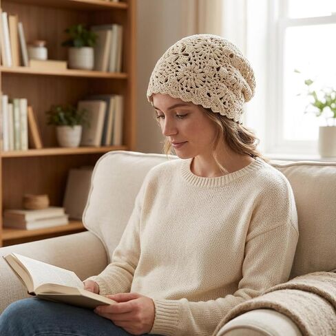 1PCS Crochet Hats for Women, Summer Beanie with Handmade Lace Design, Lightweight Stackable Skull Cap for Travel and Daily Wear, Beige Knitted Slouchy Cap in Saudi Arabia