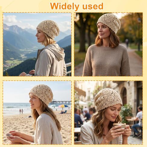 1PCS Crochet Hats for Women, Summer Beanie with Handmade Lace Design, Lightweight Stackable Skull Cap for Travel and Daily Wear, Beige Knitted Slouchy Cap in Saudi Arabia