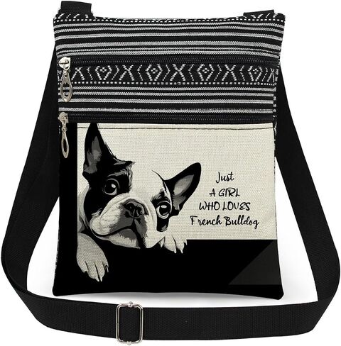 French Bulldog Crossbody Bag Black and White Print with Cute Puppy Messenger Bag Adjustable Strap Purse with Fun Text Unique Gift for Dog Lovers and Owners Christmas Birthday Gift for Her in Kuwait