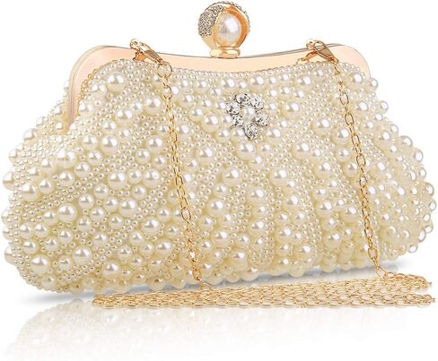 Womens Pearl Evening Clutch Purse - Elegant Handmde Beaded Designer Beige HandBag for Wedding Bridal Party Formal,Elegant Rhinestone Crossbody Shoulder Bag Gift for Lady in Saudi Arabia
