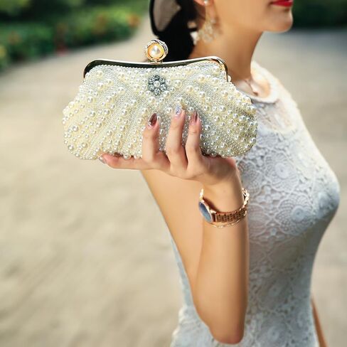 Womens Pearl Evening Clutch Purse - Elegant Handmde Beaded Designer Beige HandBag for Wedding Bridal Party Formal,Elegant Rhinestone Crossbody Shoulder Bag Gift for Lady in Saudi Arabia
