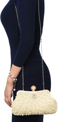 Womens Pearl Evening Clutch Purse - Elegant Handmde Beaded Designer Beige HandBag for Wedding Bridal Party Formal,Elegant Rhinestone Crossbody Shoulder Bag Gift for Lady in Saudi Arabia