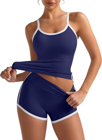 OLCHEE Womens Workout Sets 2 Piece Contrast Trim Cami Tank Top Mini Gym Shorts Adjustable Strap Yoga Casual Lounge Outfit in Saudi Arabia