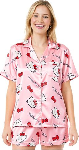 Get Trend Hello Kitty | Kuromi | Pusheen Women’s Pajama Sets, 2 Piece Button Up Shirt & PJ Shorts, Soft Kawaii Lounge Sets in Saudi Arabia