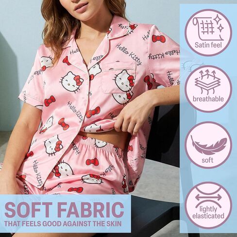 Get Trend Hello Kitty | Kuromi | Pusheen Women’s Pajama Sets, 2 Piece Button Up Shirt & PJ Shorts, Soft Kawaii Lounge Sets in Saudi Arabia