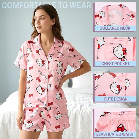 Get Trend Hello Kitty | Kuromi | Pusheen Women’s Pajama Sets, 2 Piece Button Up Shirt & PJ Shorts, Soft Kawaii Lounge Sets in Saudi Arabia