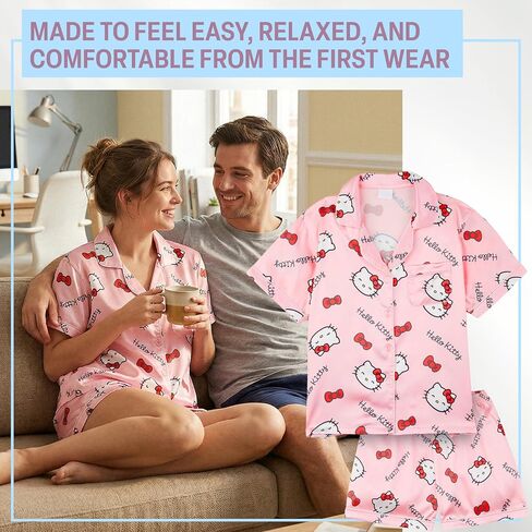 Get Trend Hello Kitty | Kuromi | Pusheen Women’s Pajama Sets, 2 Piece Button Up Shirt & PJ Shorts, Soft Kawaii Lounge Sets in Saudi Arabia