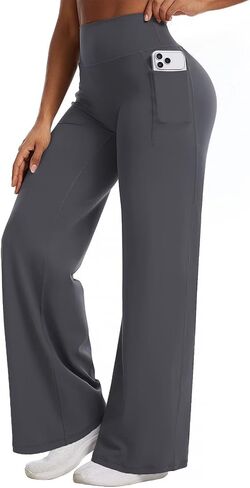 Flamingals Straight Leggings Wide Leg Yoga Pants with Pockets for Women High Waisted Hidden Scrunch Workout Pants in Kuwait