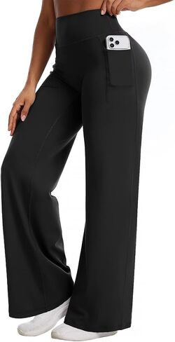 Flamingals Straight Leggings Wide Leg Yoga Pants with Pockets for Women High Waisted Hidden Scrunch Workout Pants in Kuwait