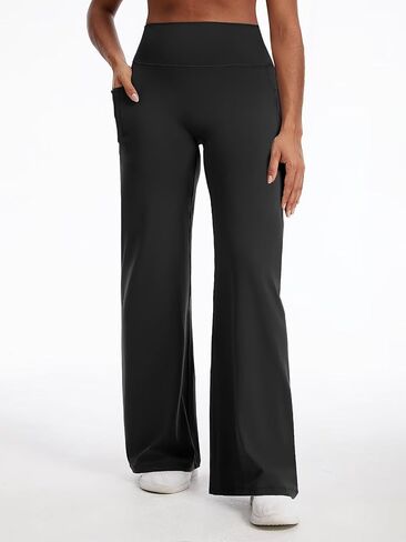Flamingals Straight Leggings Wide Leg Yoga Pants with Pockets for Women High Waisted Hidden Scrunch Workout Pants in Kuwait