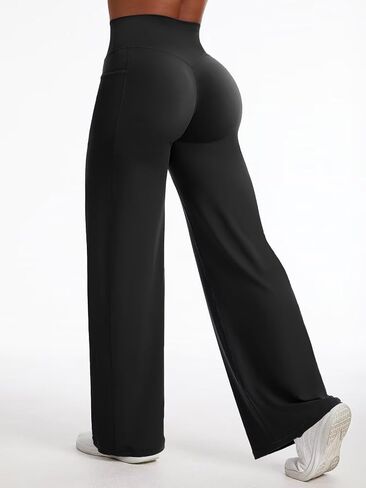 Flamingals Straight Leggings Wide Leg Yoga Pants with Pockets for Women High Waisted Hidden Scrunch Workout Pants in Kuwait