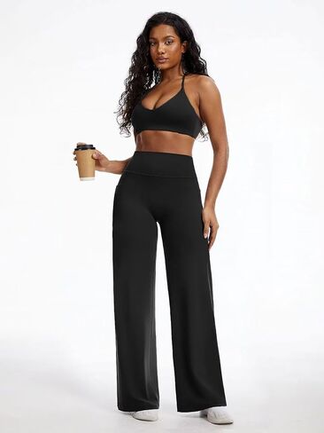 Flamingals Straight Leggings Wide Leg Yoga Pants with Pockets for Women High Waisted Hidden Scrunch Workout Pants in Kuwait
