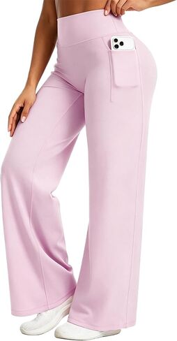 Flamingals Straight Leggings Wide Leg Yoga Pants with Pockets for Women High Waisted Hidden Scrunch Workout Pants in Kuwait