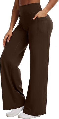 Flamingals Straight Leggings Wide Leg Yoga Pants with Pockets for Women High Waisted Hidden Scrunch Workout Pants in Kuwait