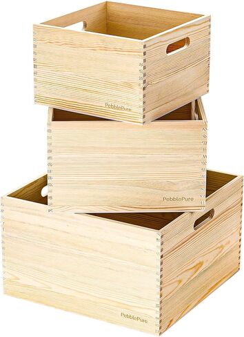 Set of 3 Large Wood Storage Crates (Up to 14.5"x14"x10"), Fully Assembled, Seamless Dovetail Unfinished Farmhouse Solid Natural Nesting Wood Crates for Home Office Retail Display in Kuwait