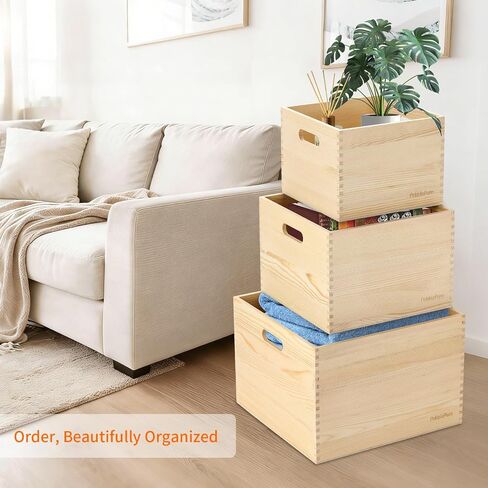 Set of 3 Large Wood Storage Crates (Up to 14.5"x14"x10"), Fully Assembled, Seamless Dovetail Unfinished Farmhouse Solid Natural Nesting Wood Crates for Home Office Retail Display in Kuwait