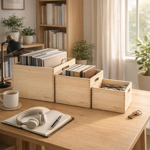 Set of 3 Large Wood Storage Crates (Up to 14.5"x14"x10"), Fully Assembled, Seamless Dovetail Unfinished Farmhouse Solid Natural Nesting Wood Crates for Home Office Retail Display in Kuwait