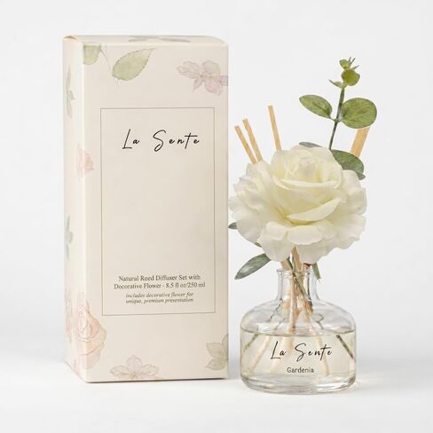 White Jasmine Reed Diffuser Set - 250ml Long Lasting Flameless Home Fragrance with Decorative Flower & Natural Reeds for Bathroom, Bedroom, Office, Gift in Kuwait