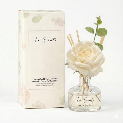 White Jasmine Reed Diffuser Set - 250ml Long Lasting Flameless Home Fragrance with Decorative Flower & Natural Reeds for Bathroom, Bedroom, Office, Gift in Kuwait