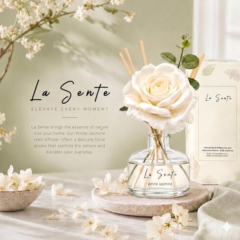 White Jasmine Reed Diffuser Set - 250ml Long Lasting Flameless Home Fragrance with Decorative Flower & Natural Reeds for Bathroom, Bedroom, Office, Gift in Kuwait