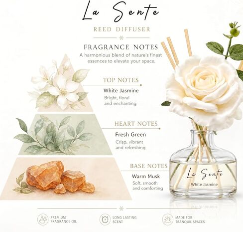 White Jasmine Reed Diffuser Set - 250ml Long Lasting Flameless Home Fragrance with Decorative Flower & Natural Reeds for Bathroom, Bedroom, Office, Gift in Kuwait