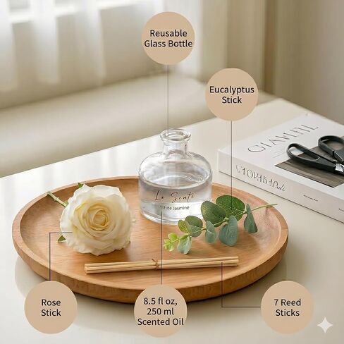 White Jasmine Reed Diffuser Set - 250ml Long Lasting Flameless Home Fragrance with Decorative Flower & Natural Reeds for Bathroom, Bedroom, Office, Gift in Kuwait