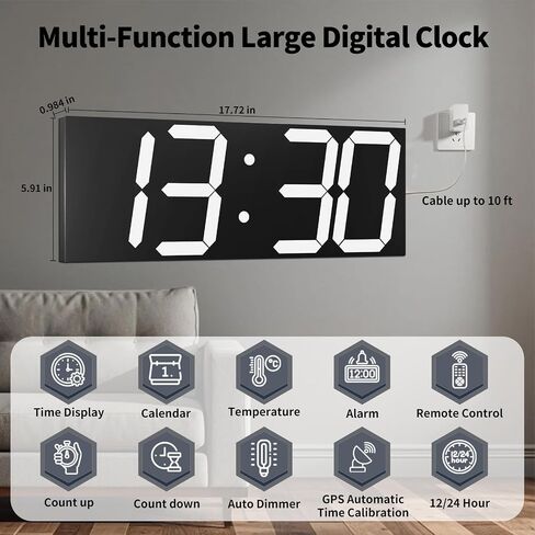 CHKOSDA 18.7'' Automic Digital Wall Clock, LED Digital Clock with Large Display, Multi-Function Wall Clock with Alarm and Timer, Auto Time Sync Clock with Adjustable Brigthness(White) in Saudi Arabia