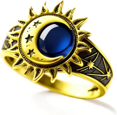 Vintage 18K Gold Plated Crystal Ring, Boho Sun Moon Star Statement Jewelry, Natural Gemstone, Round Shape for Women in Saudi Arabia