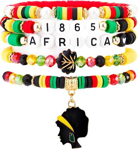 MALOYANVE Black History Month Stackable Bracelets Set for Women Men Juneteenth African American Beaded Stretch Bracelets Red Yellow Green Rasta Africa Jewelry in Kuwait