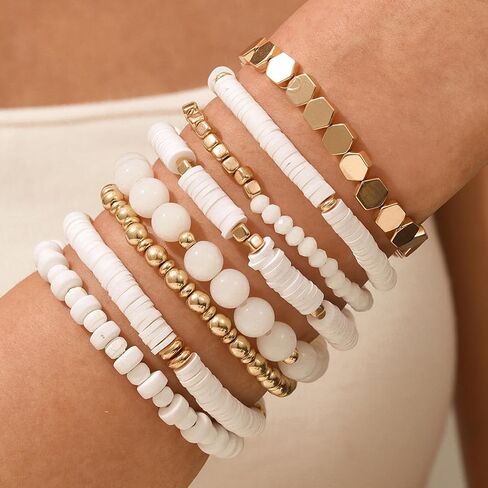Polymer Clay Bead Bracelets for Women Bohemian Stackable Gold Beaded Stretch Bracelets Elastic Layering Friendship Bracelets Set Boho Jewelry in Saudi Arabia