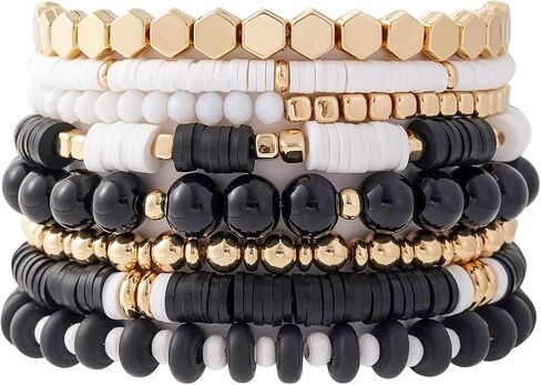 Polymer Clay Bead Bracelets for Women Bohemian Stackable Gold Beaded Stretch Bracelets Elastic Layering Friendship Bracelets Set Boho Jewelry in Saudi Arabia