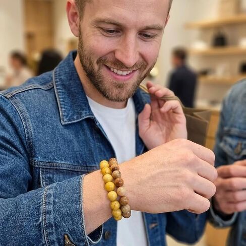 Natural Jade Beaded Bracelet Set, Beige and Brown, 11-13.20 mm, Stretch Fit, Feng Shui Wealth Protection Unisex Jewelry, 2 Piece in Saudi Arabia