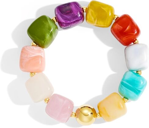 YUJIE Chunky Beaded Bracelet for Women - Colorful Resin Square Bead Bracelets with Gold Ball, Trendy Boho Stretch Bangle, Cute Summer Statement Jewelry in Kuwait