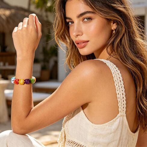 YUJIE Chunky Beaded Bracelet for Women - Colorful Resin Square Bead Bracelets with Gold Ball, Trendy Boho Stretch Bangle, Cute Summer Statement Jewelry in Kuwait