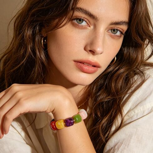 YUJIE Chunky Beaded Bracelet for Women - Colorful Resin Square Bead Bracelets with Gold Ball, Trendy Boho Stretch Bangle, Cute Summer Statement Jewelry in Kuwait